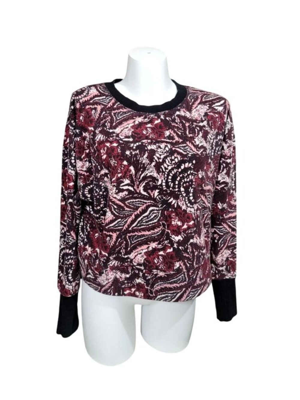 Joie Paisley Floral Print Sweatshirt Top Long Sleeve Ribbed Trim Pink Mauve L